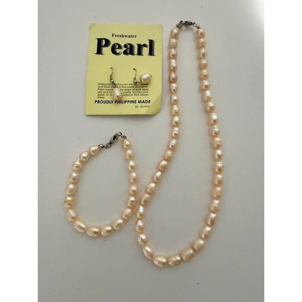 Fresh Water Peach Pearl Necklace, Bracelet & Post Earrings in Stainless Steel